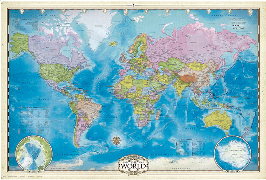 Map of the World with Poles Poster 24 x 36