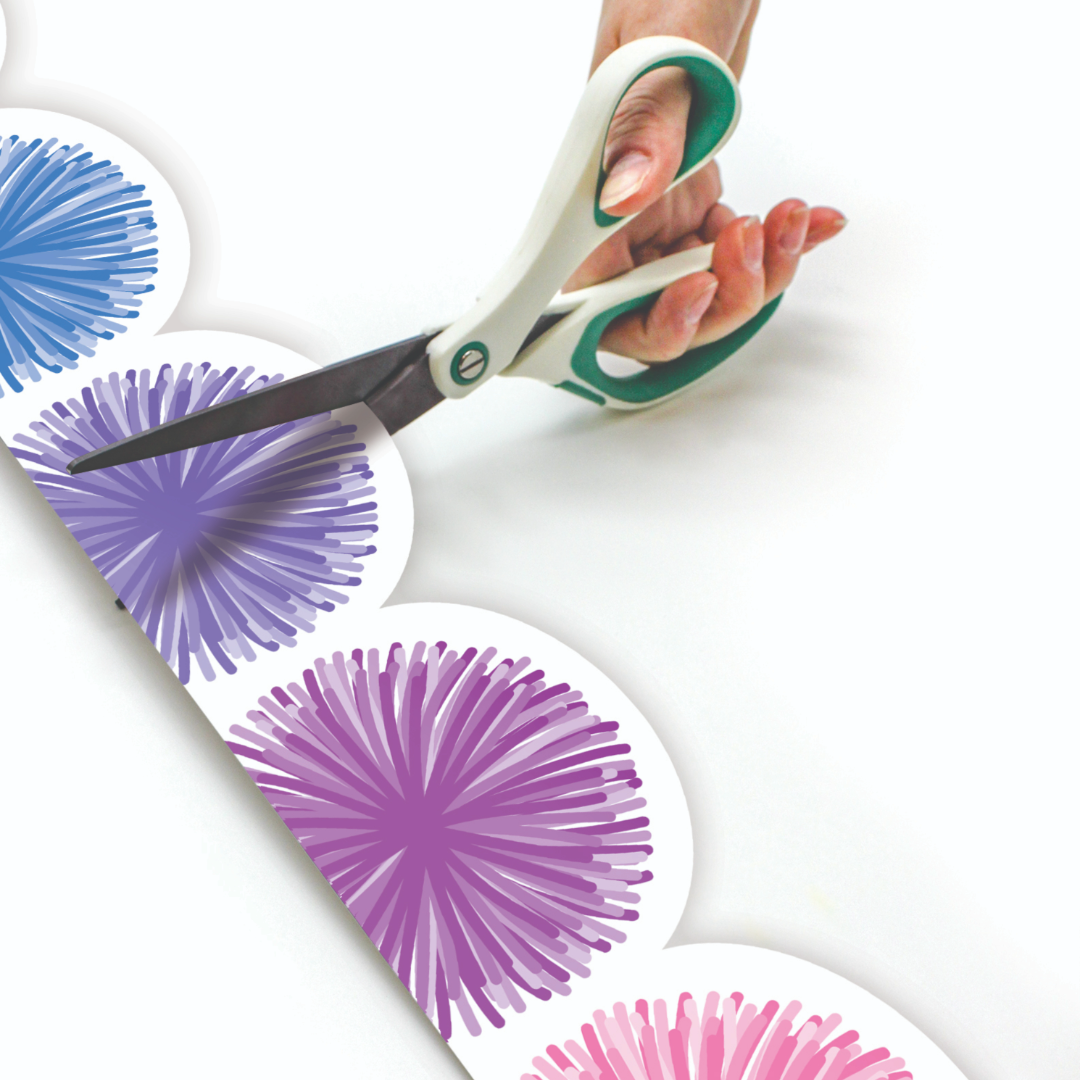 Colorful Poms Scalloped Die-Cut Rolled Border Trim