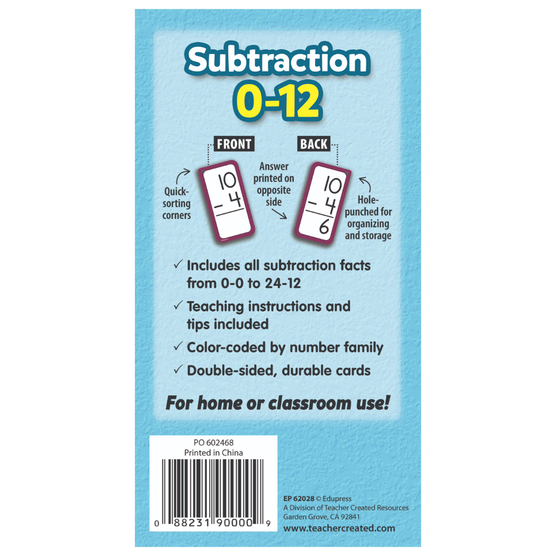 Subtraction Flash Cards All Facts 0–12