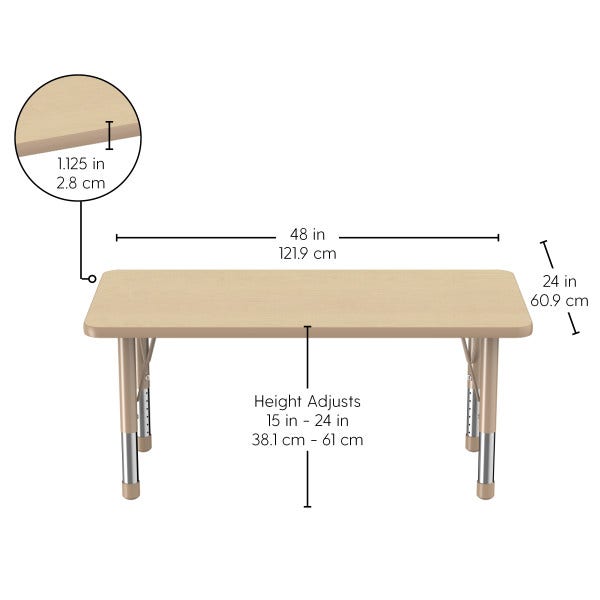 Adjustable Activity Table - Rectangular 24in x 48in Maple top & T-mould Sand Chunky legs