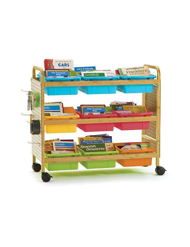 Bamboo Book Browser Cart with 9 Vibrant Mixed Tubs and Pegbo