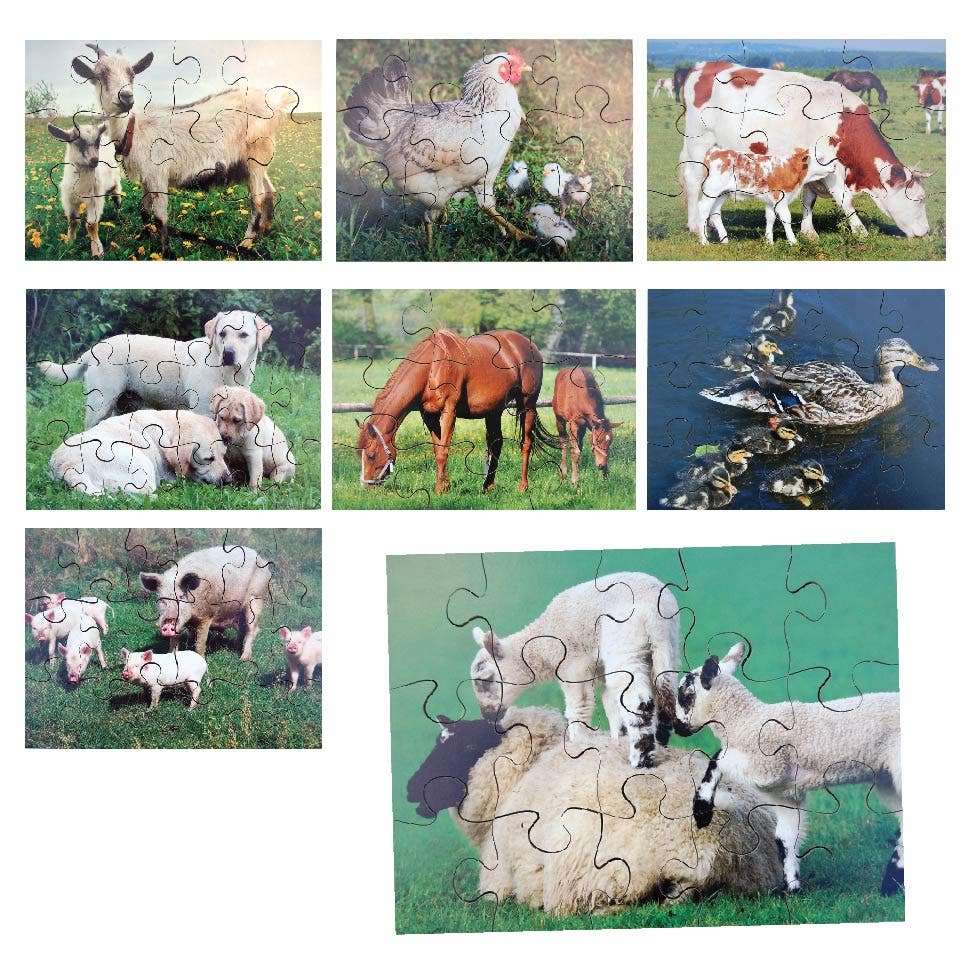 Farm Animals and Their Young Set of 8 Wooden Puzzles